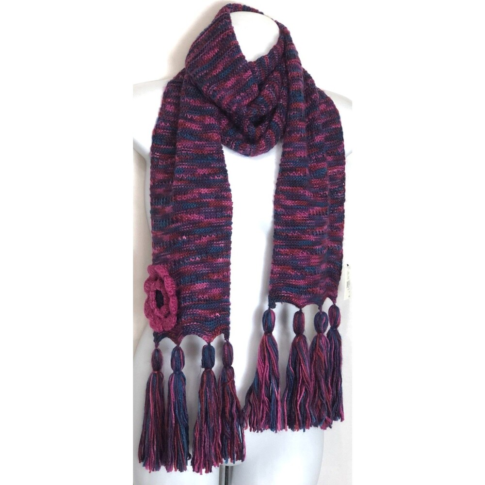 NWT Relatively Knit Scarf Fringe Purple Pink Blue Crochet Flower Preppy Cottage